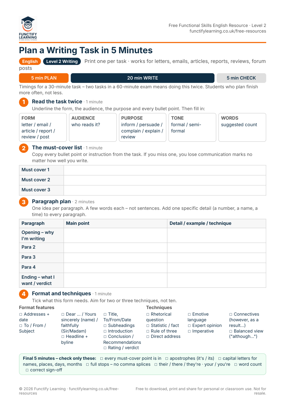 Plan a Functional Skills Writing Task in 5 Minutes – Free Planning Sheet – free PDF worksheet preview