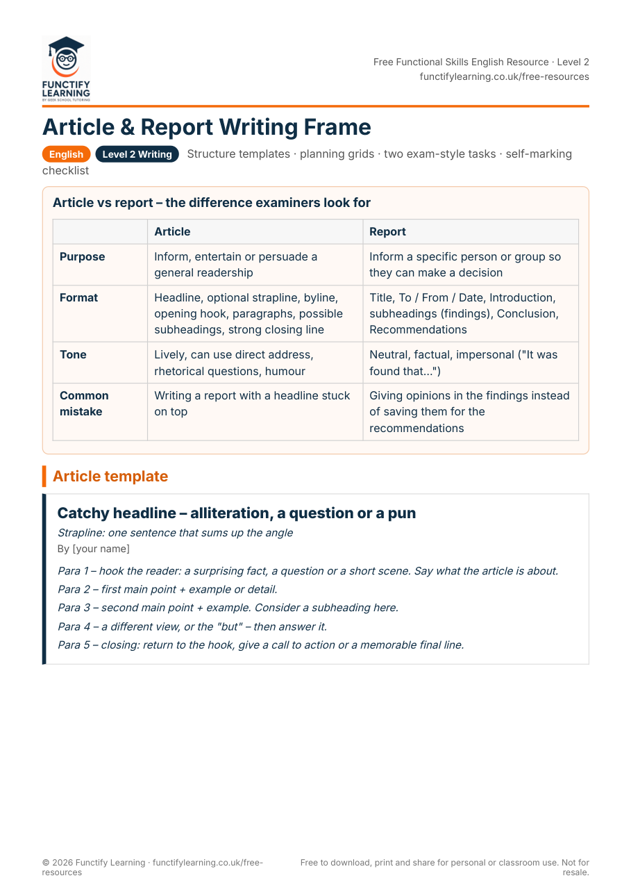 Functional Skills Level 2 Article and Report Writing Frame (with Model Report) – free PDF worksheet preview