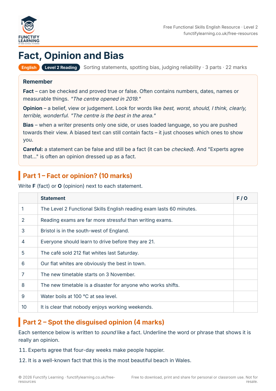 Functional Skills English Level 2: Fact, Opinion and Bias Worksheet β free PDF worksheet preview