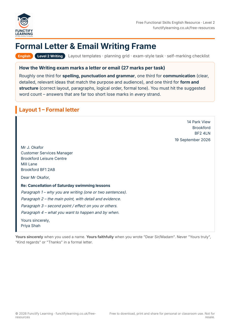 Functional Skills Level 2 Formal Letter and Email Writing Frame (with Model Answer) – free PDF worksheet preview