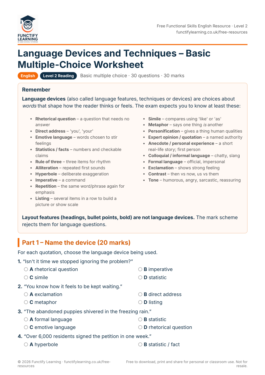 Language Devices and Techniques – Basic Multiple-Choice Worksheet – Functional Skills English Level 2 – free PDF worksheet preview