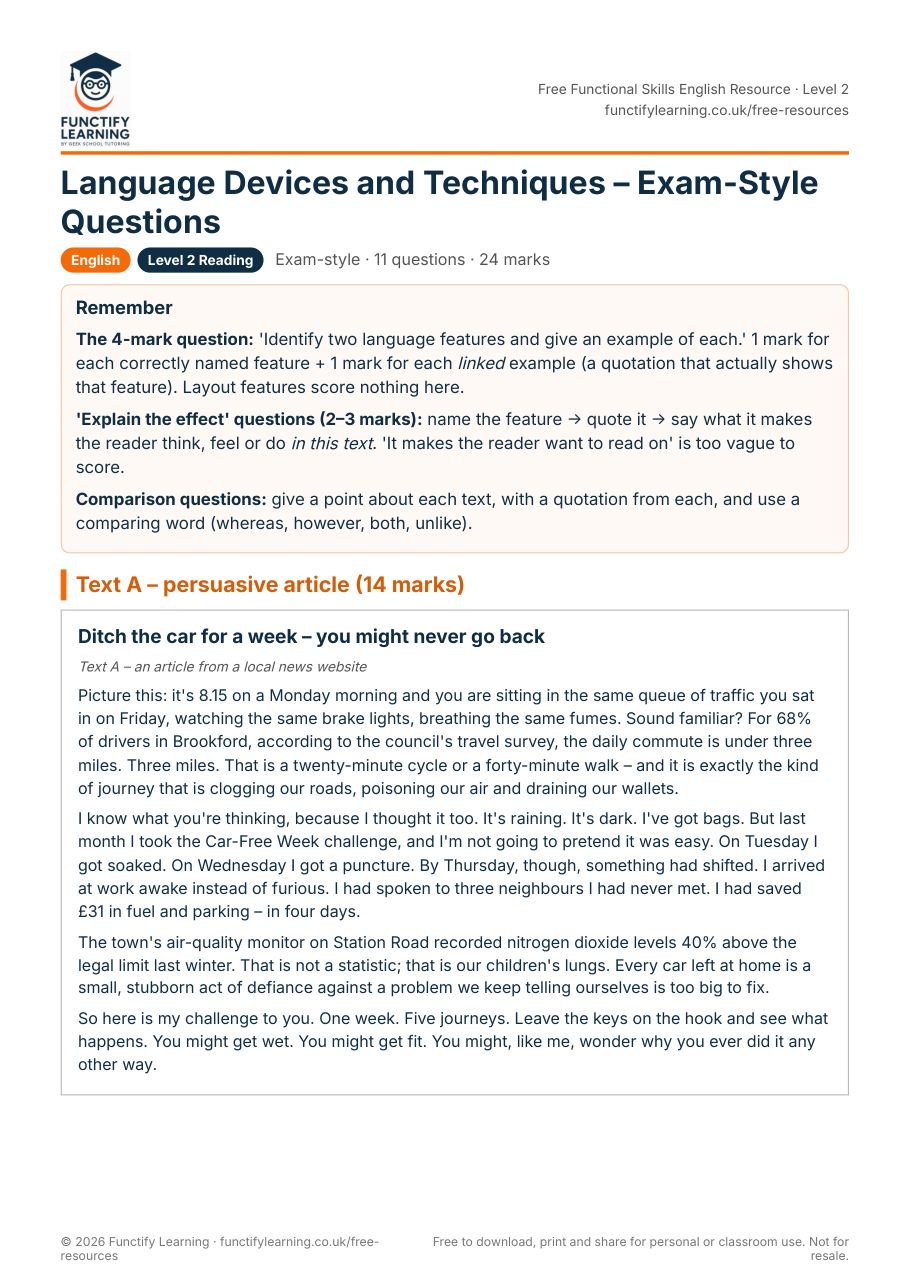 Language Devices and Techniques – Exam-Style Questions – Functional Skills English Level 2 – free PDF worksheet preview