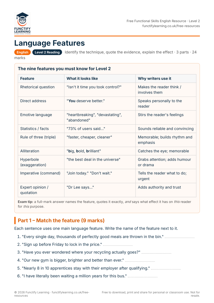 Functional Skills English Level 2 Language Features Worksheet – free PDF worksheet preview