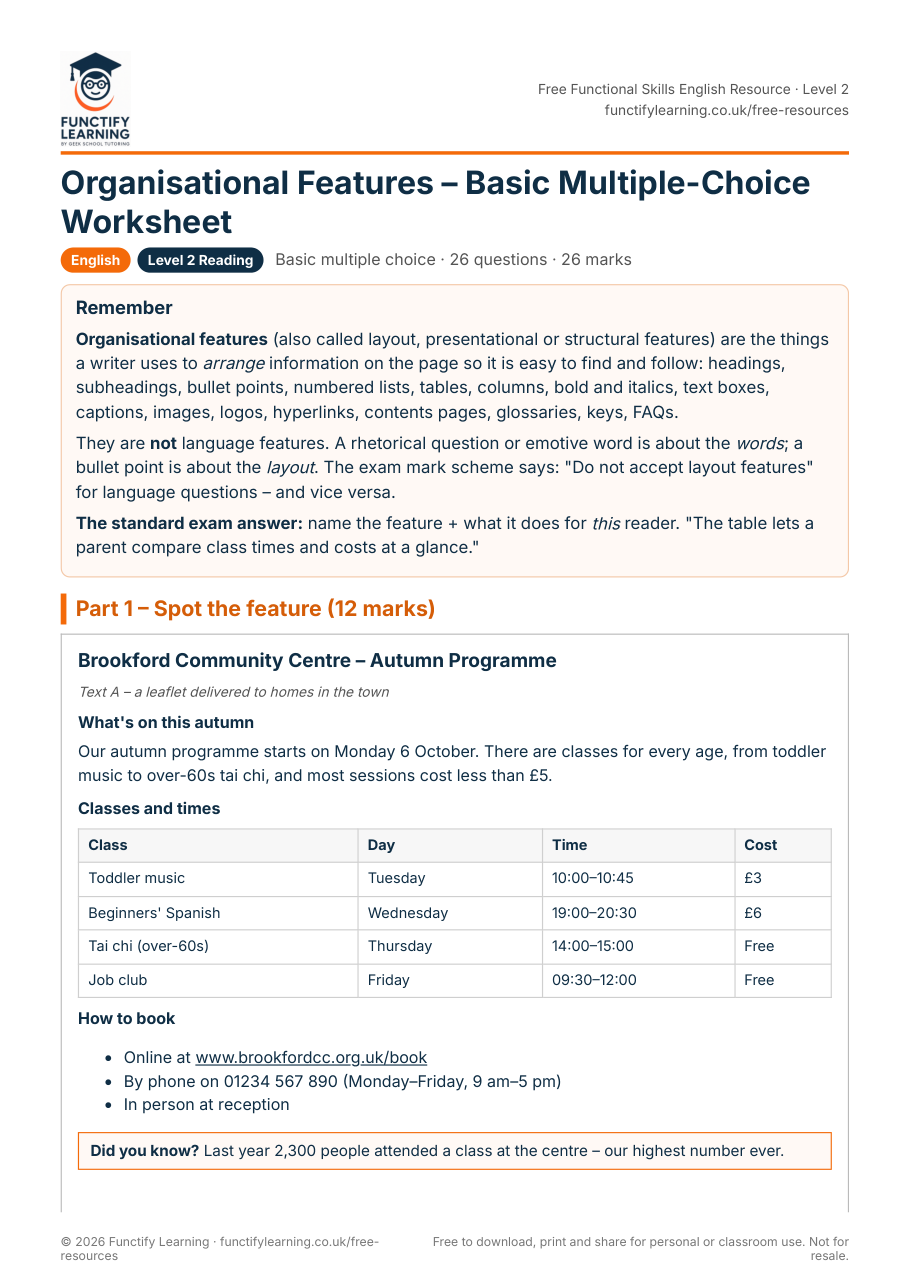 Organisational Features – Basic Multiple-Choice Worksheet – Functional Skills English Level 2 – free PDF worksheet preview