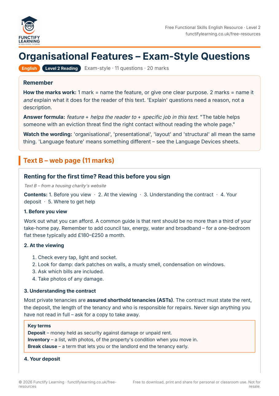 Organisational Features – Exam-Style Questions – Functional Skills English Level 2 – free PDF worksheet preview