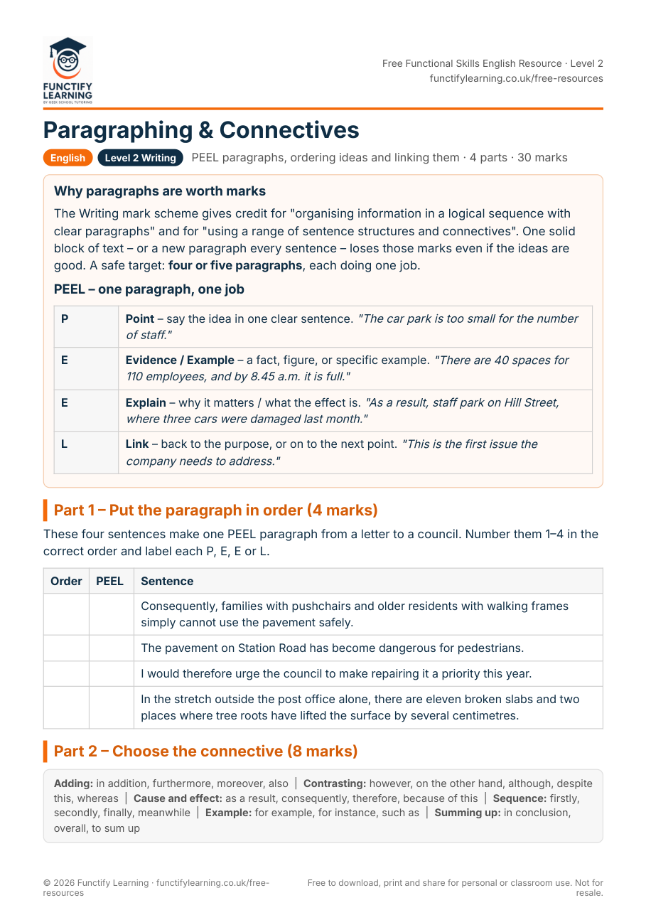 Functional Skills English Level 2 Paragraphing and Connectives Worksheet – free PDF worksheet preview