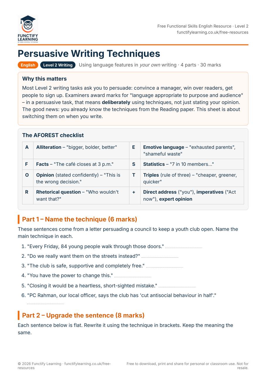 Functional Skills English Level 2 Persuasive Writing Techniques Worksheet – free PDF worksheet preview