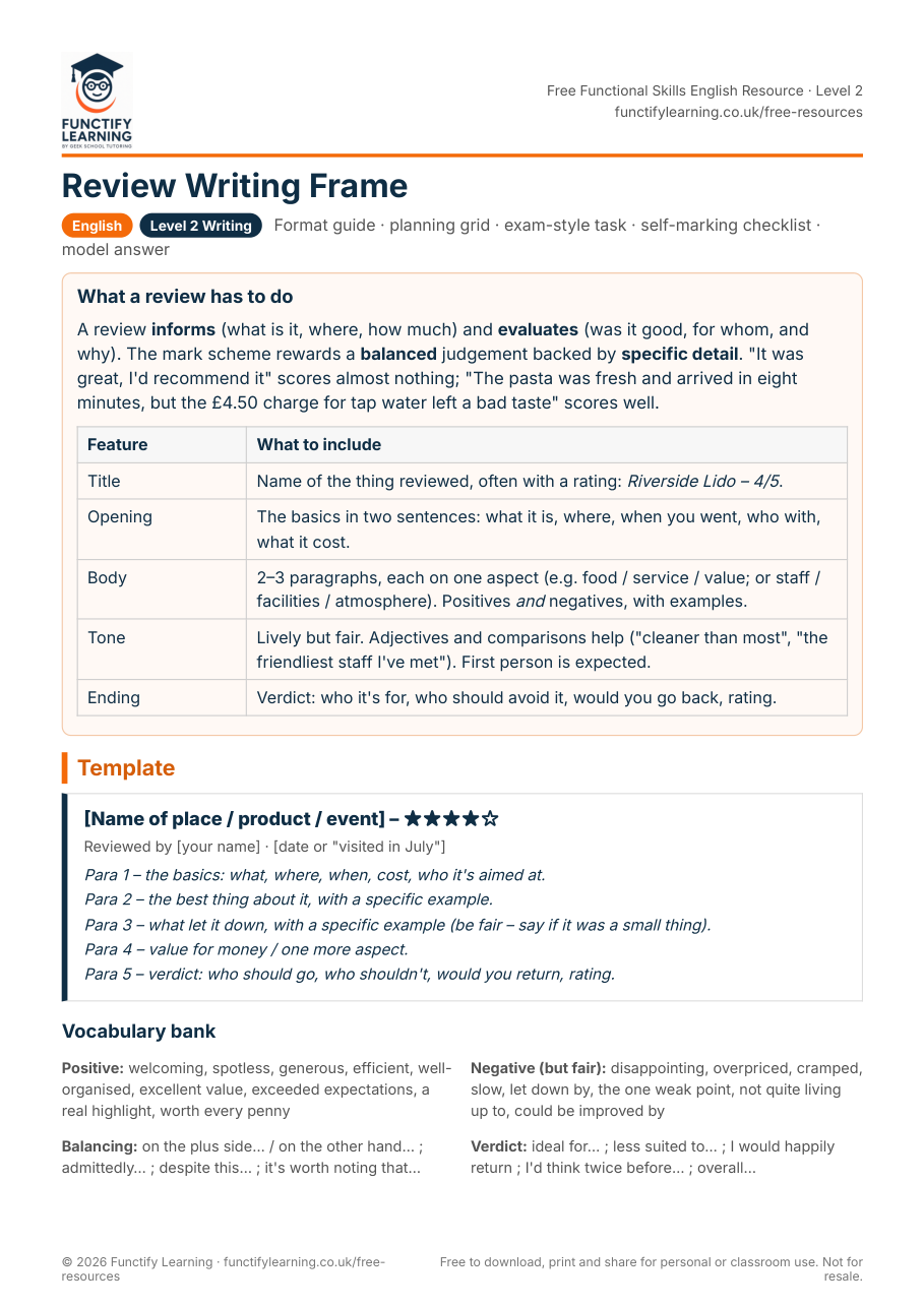 Functional Skills Level 2 Review Writing Frame (with Model Answer) – free PDF worksheet preview