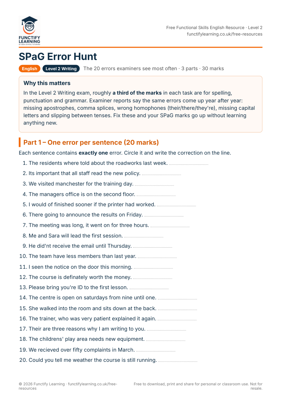 Functional Skills English Level 2 Spelling, Punctuation and Grammar Worksheet – free PDF worksheet preview
