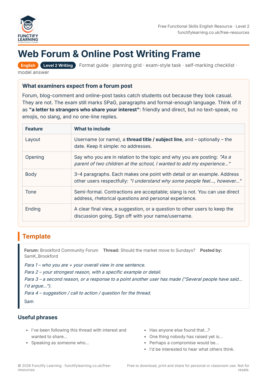 Functional Skills Level 2 Web Forum and Online Post Writing Frame (with Model Answer) β free PDF worksheet preview
