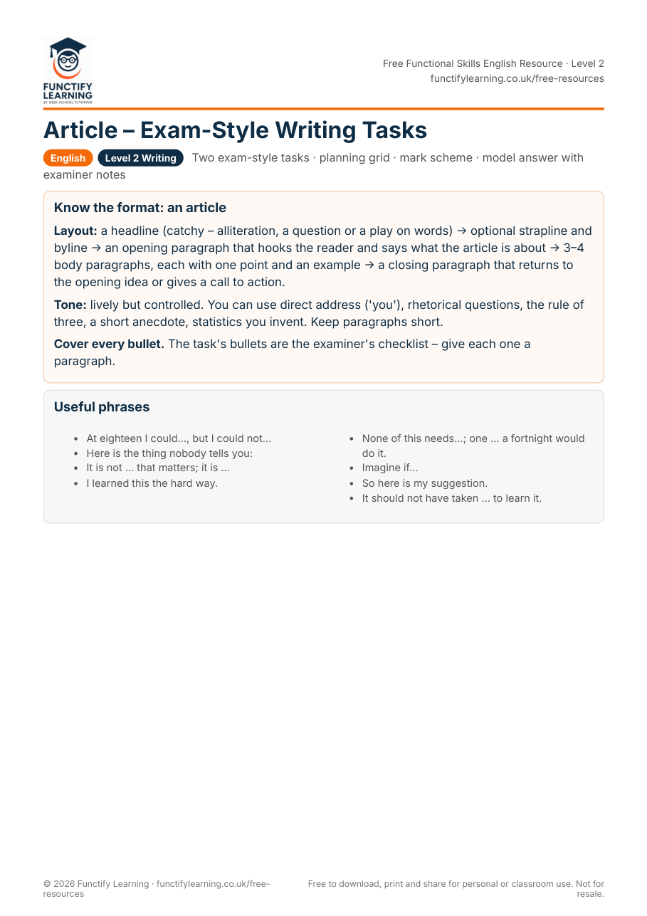 Article – Exam-Style Writing Tasks (Functional Skills Level 2) – free PDF worksheet preview