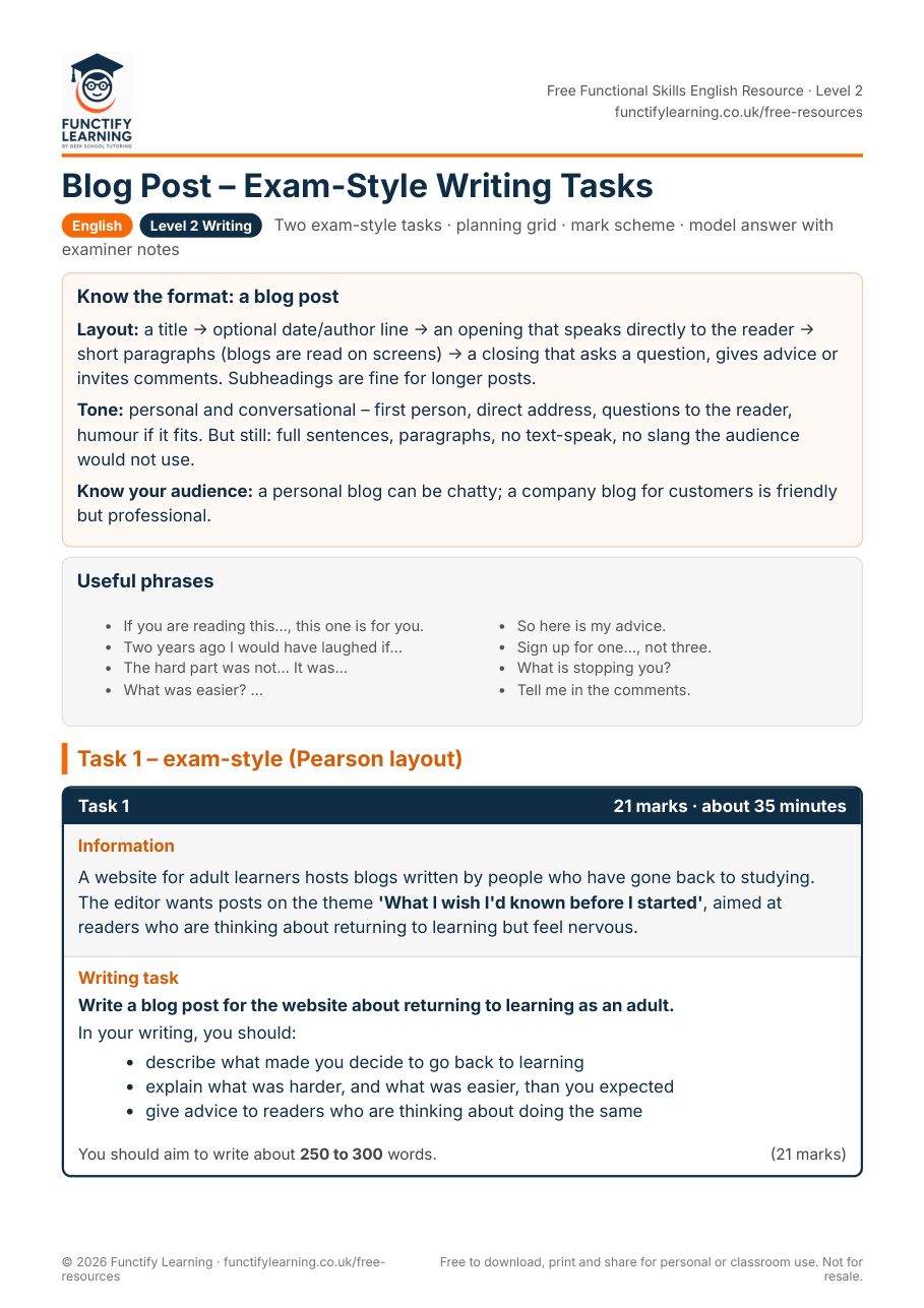 Blog Post – Exam-Style Writing Tasks (Functional Skills Level 2) – free PDF worksheet preview