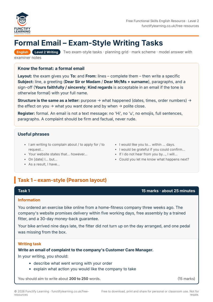 Formal Email – Exam-Style Writing Tasks (Functional Skills Level 2) – free PDF worksheet preview