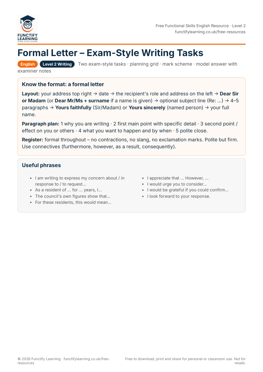 Formal Letter – Exam-Style Writing Tasks (Functional Skills Level 2) – free PDF worksheet preview