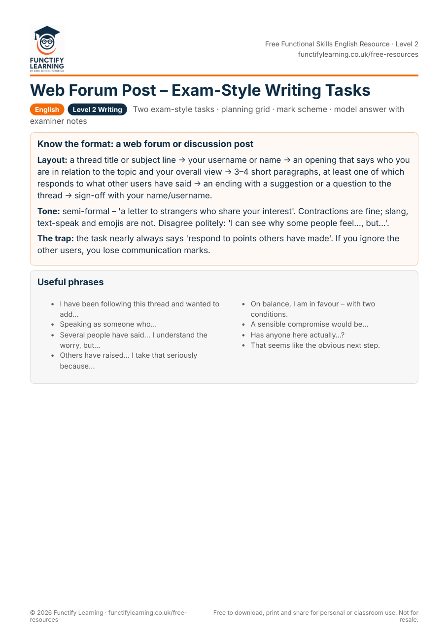 Web Forum Post – Exam-Style Writing Tasks (Functional Skills Level 2) – free PDF worksheet preview