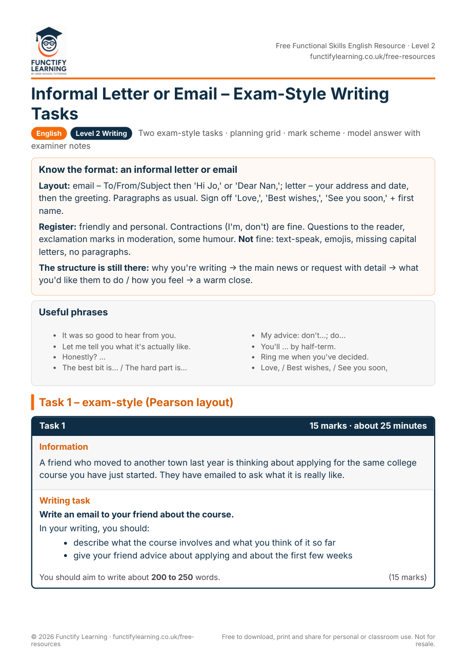 Informal Letter or Email – Exam-Style Writing Tasks (Functional Skills Level 2) – free PDF worksheet preview