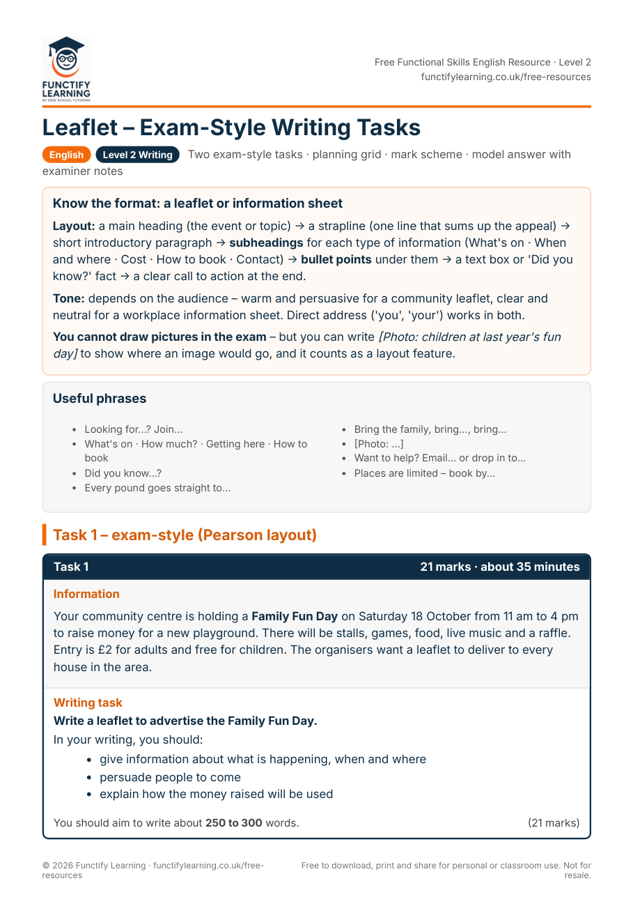 Leaflet – Exam-Style Writing Tasks (Functional Skills Level 2) – free PDF worksheet preview