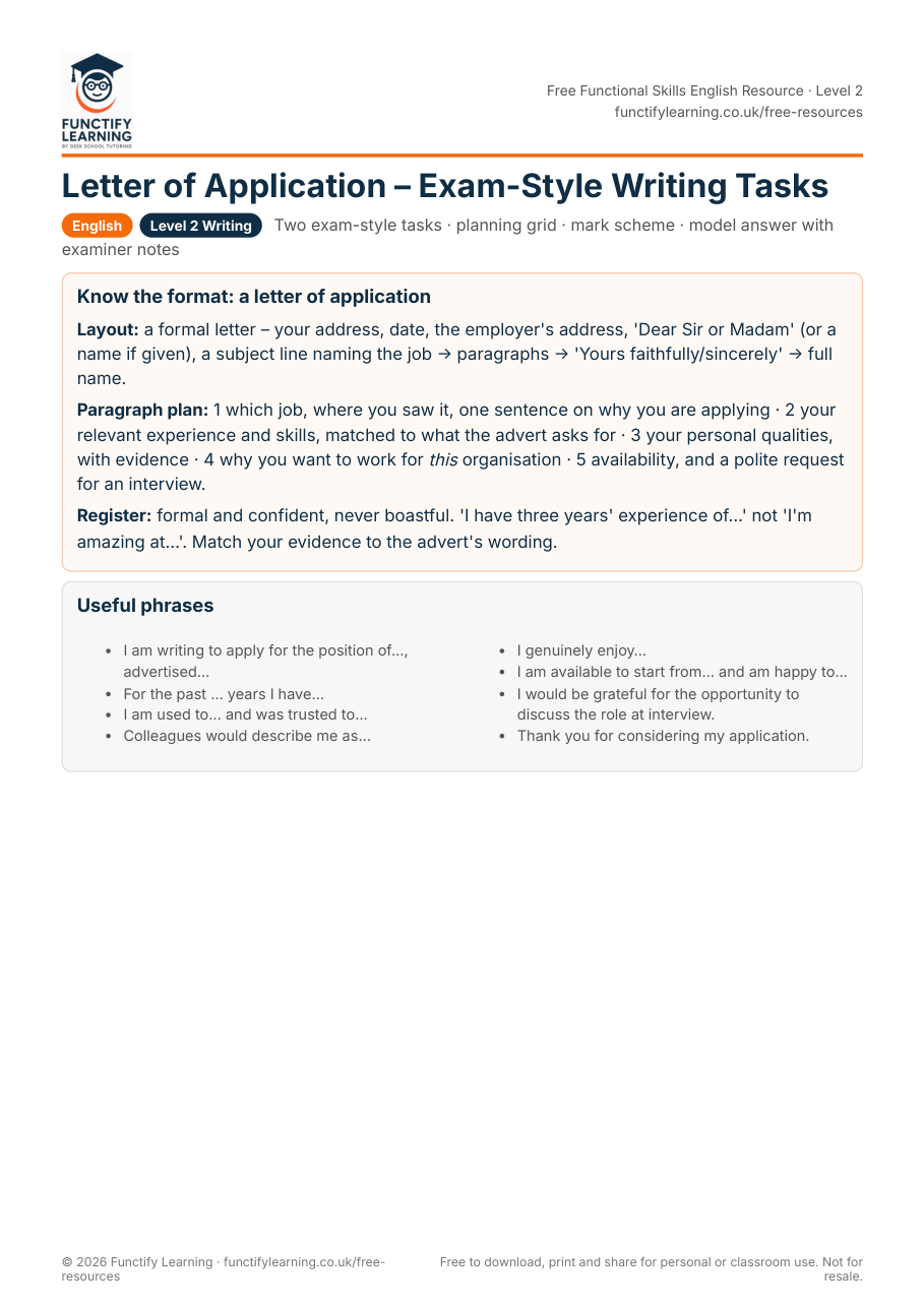 Letter of Application – Exam-Style Writing Tasks (Functional Skills Level 2) – free PDF worksheet preview
