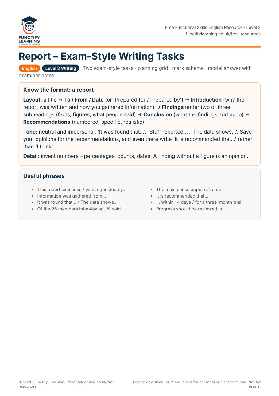 Report – Exam-Style Writing Tasks (Functional Skills Level 2) – free PDF worksheet preview