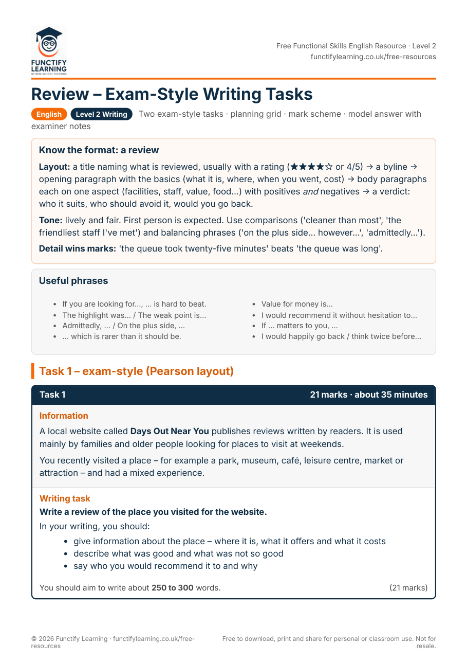 Review – Exam-Style Writing Tasks (Functional Skills Level 2) – free PDF worksheet preview