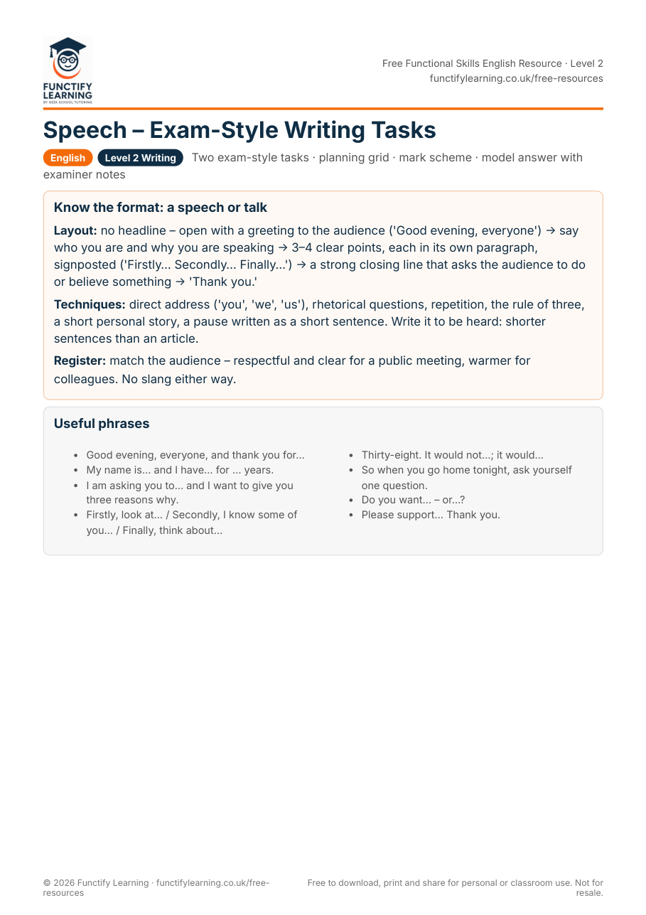 Speech – Exam-Style Writing Tasks (Functional Skills Level 2) – free PDF worksheet preview