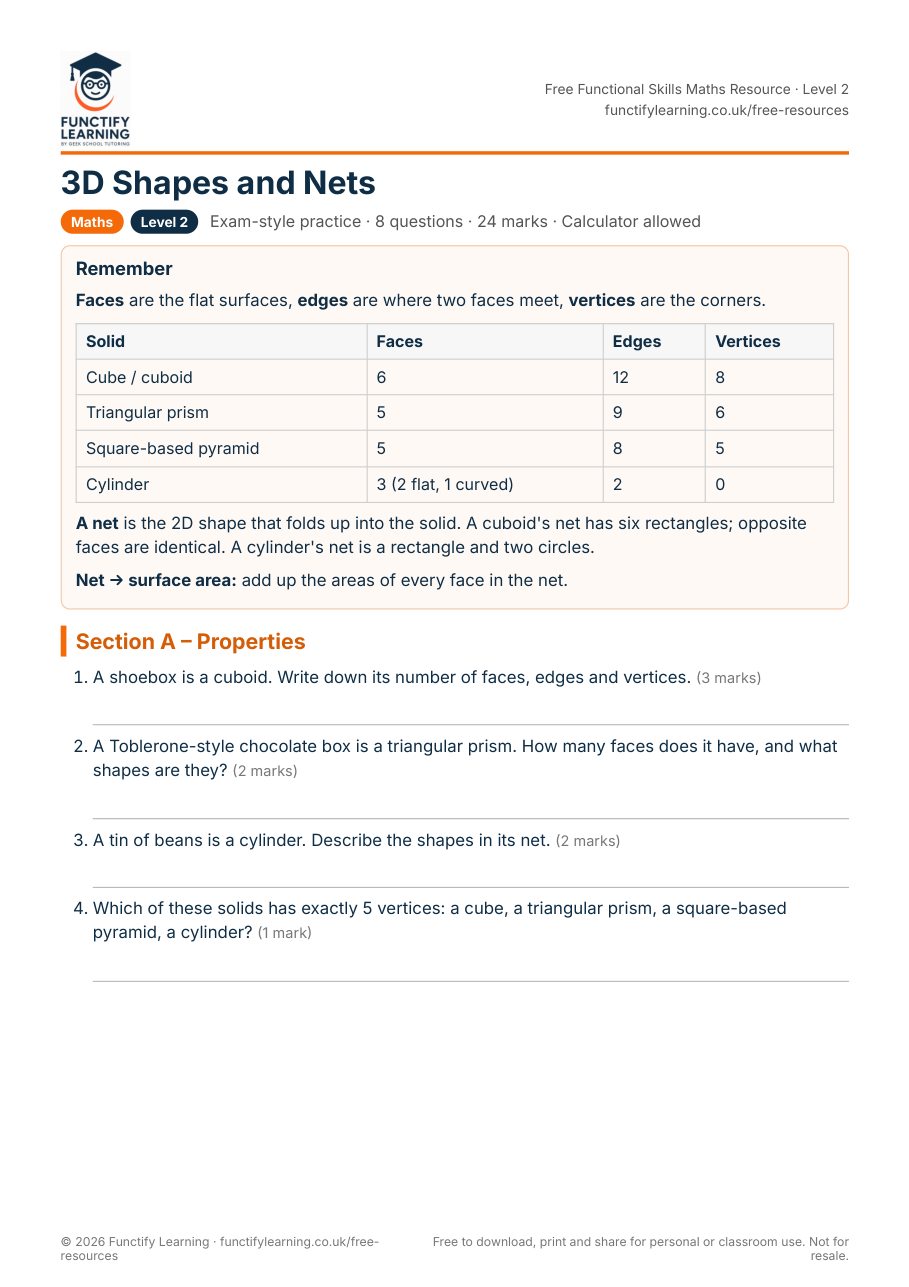 3D Shapes and Nets Worksheet – Functional Skills Maths Level 2 – free PDF worksheet preview