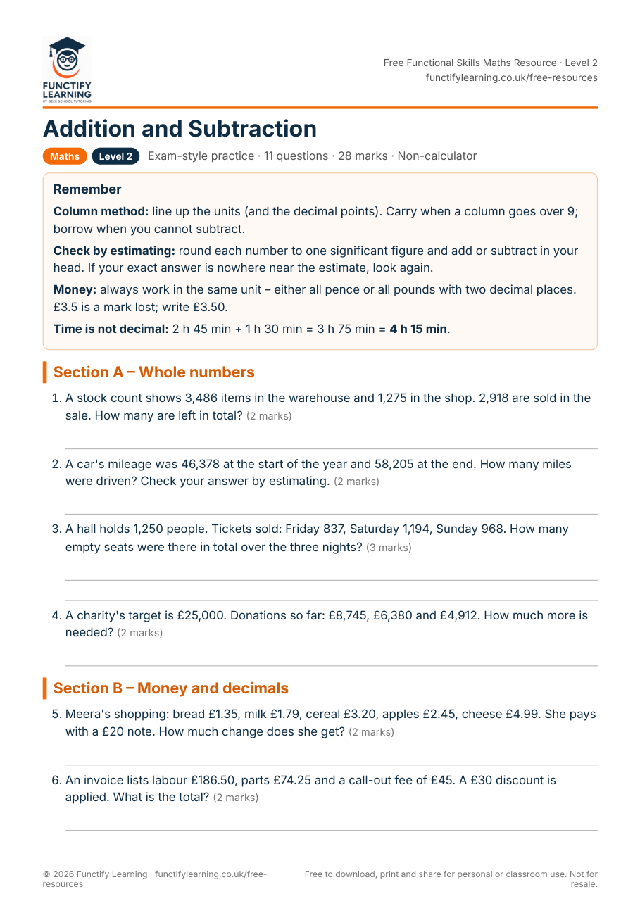 Addition and Subtraction Worksheet – Functional Skills Maths Level 2 – free PDF worksheet preview