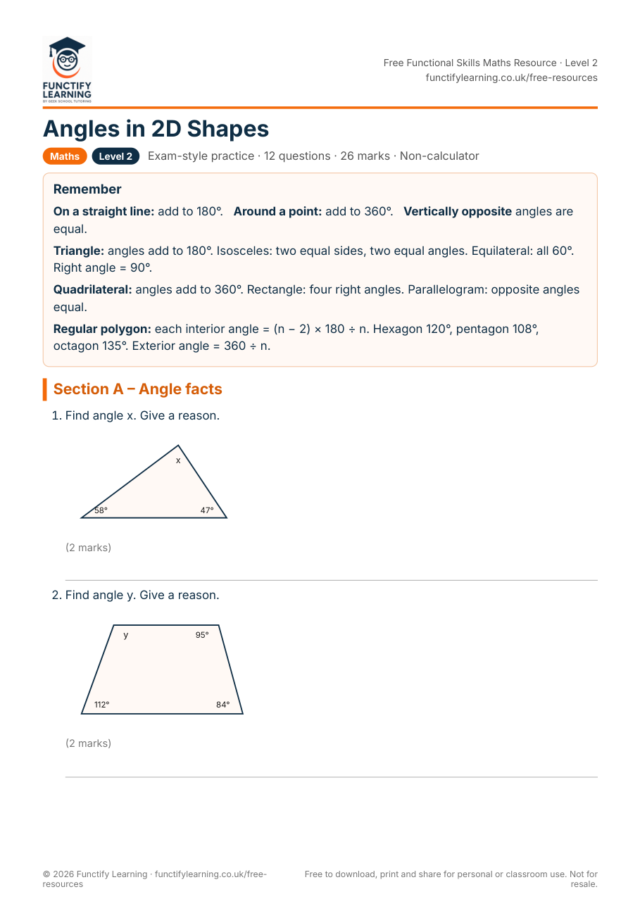 Angles in 2D Shapes Worksheet – Functional Skills Maths Level 2 – free PDF worksheet preview