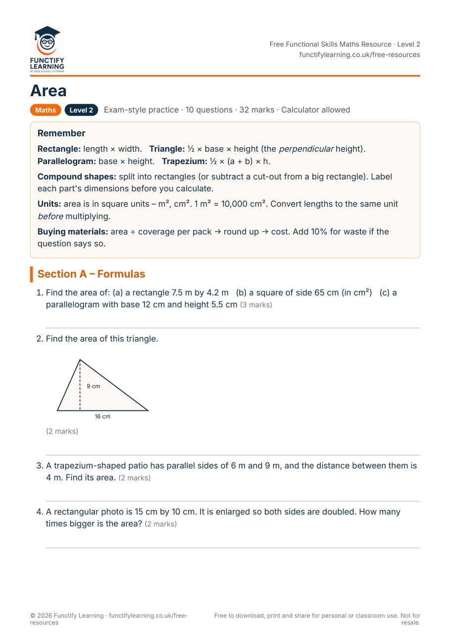 Area Worksheet – Functional Skills Maths Level 2 – free PDF worksheet preview
