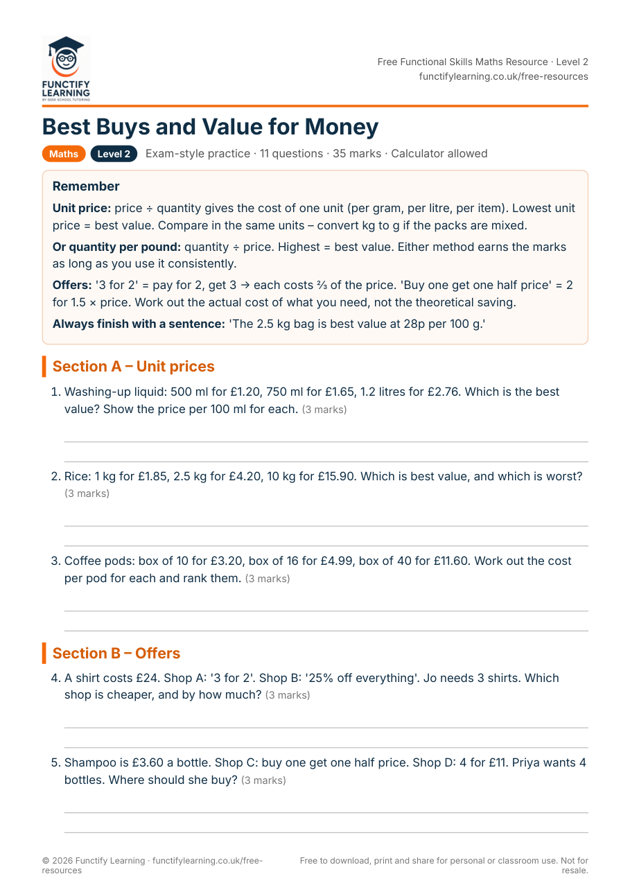 Best Buys and Value for Money Worksheet – Functional Skills Maths Level 2 – free PDF worksheet preview