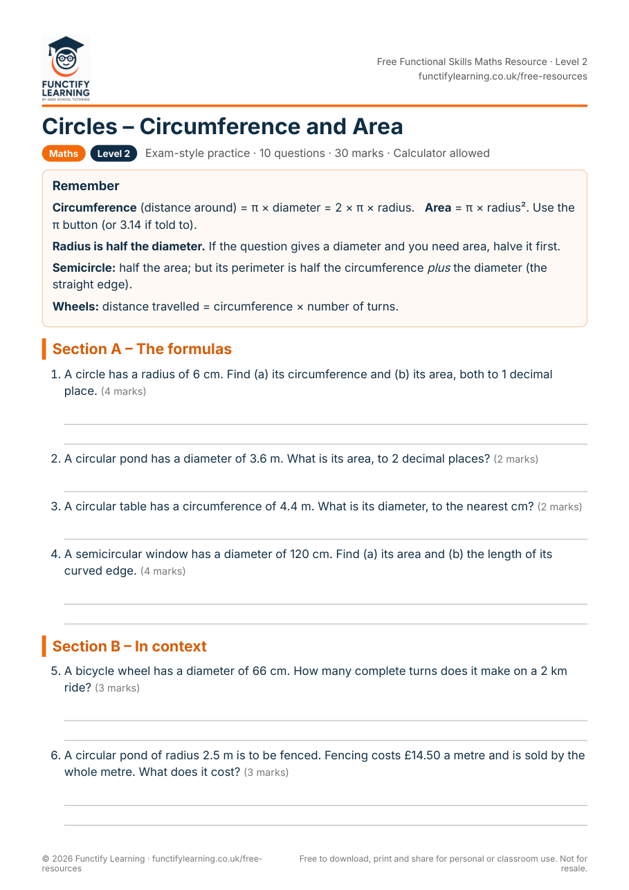 Circles Worksheet – Functional Skills Maths Level 2 – free PDF worksheet preview