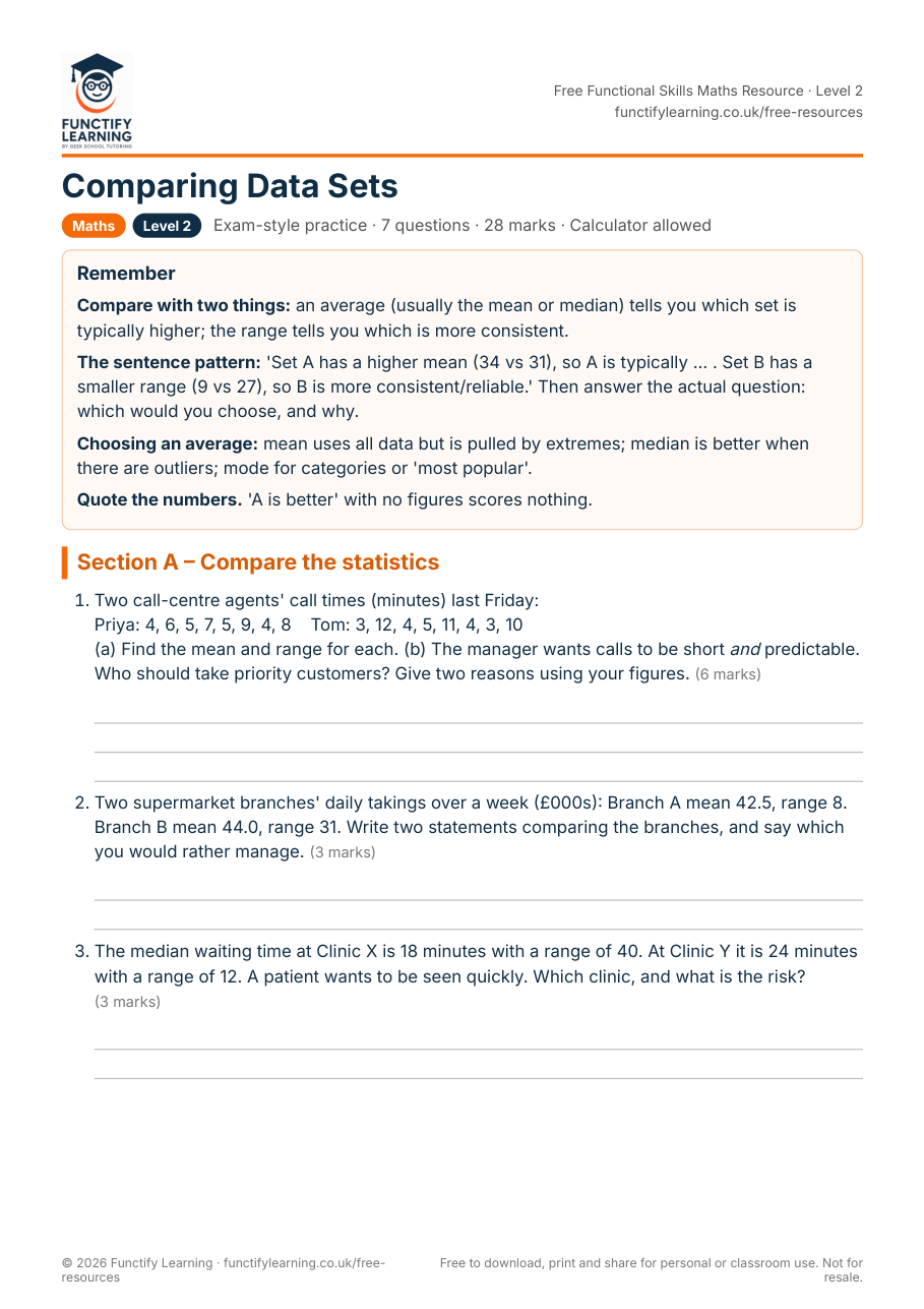 Comparing Data Sets Worksheet – Functional Skills Maths Level 2 – free PDF worksheet preview