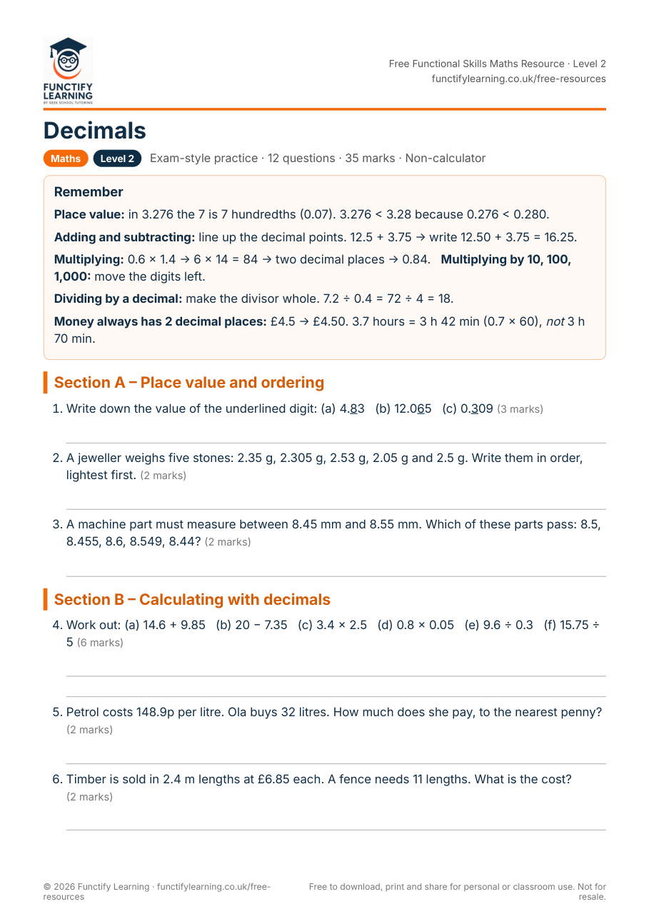 Decimals Worksheet – Functional Skills Maths Level 2 – free PDF worksheet preview