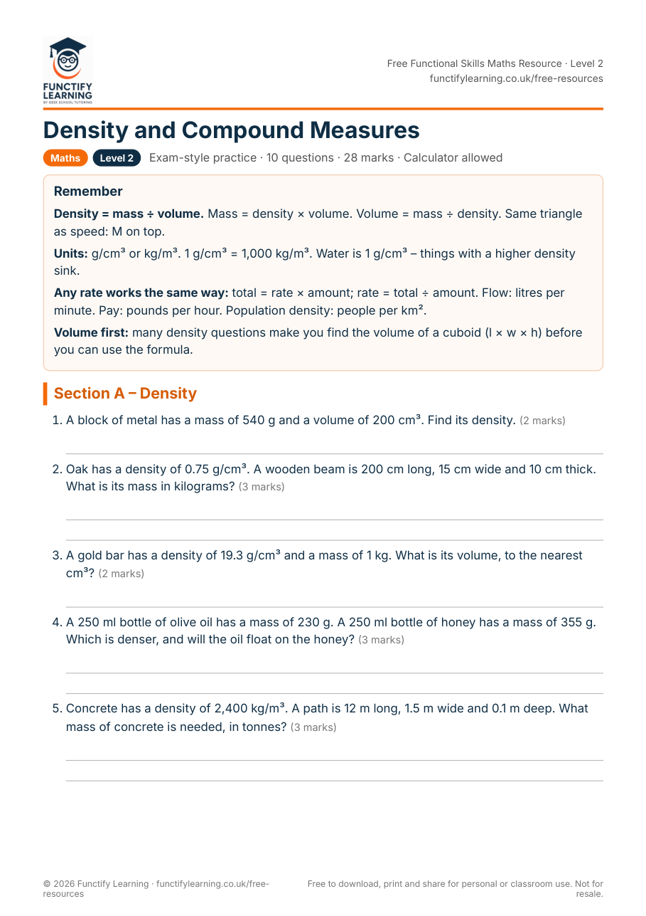 Density and Compound Measures Worksheet – Functional Skills Maths Level 2 – free PDF worksheet preview