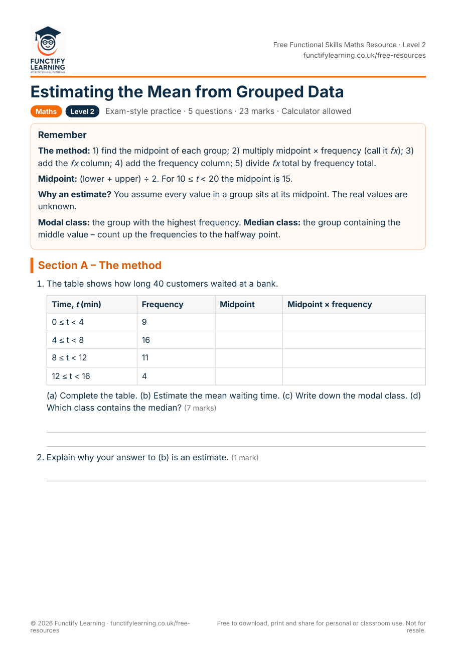 Estimating the Mean from Grouped Data Worksheet – Functional Skills Maths Level 2 – free PDF worksheet preview