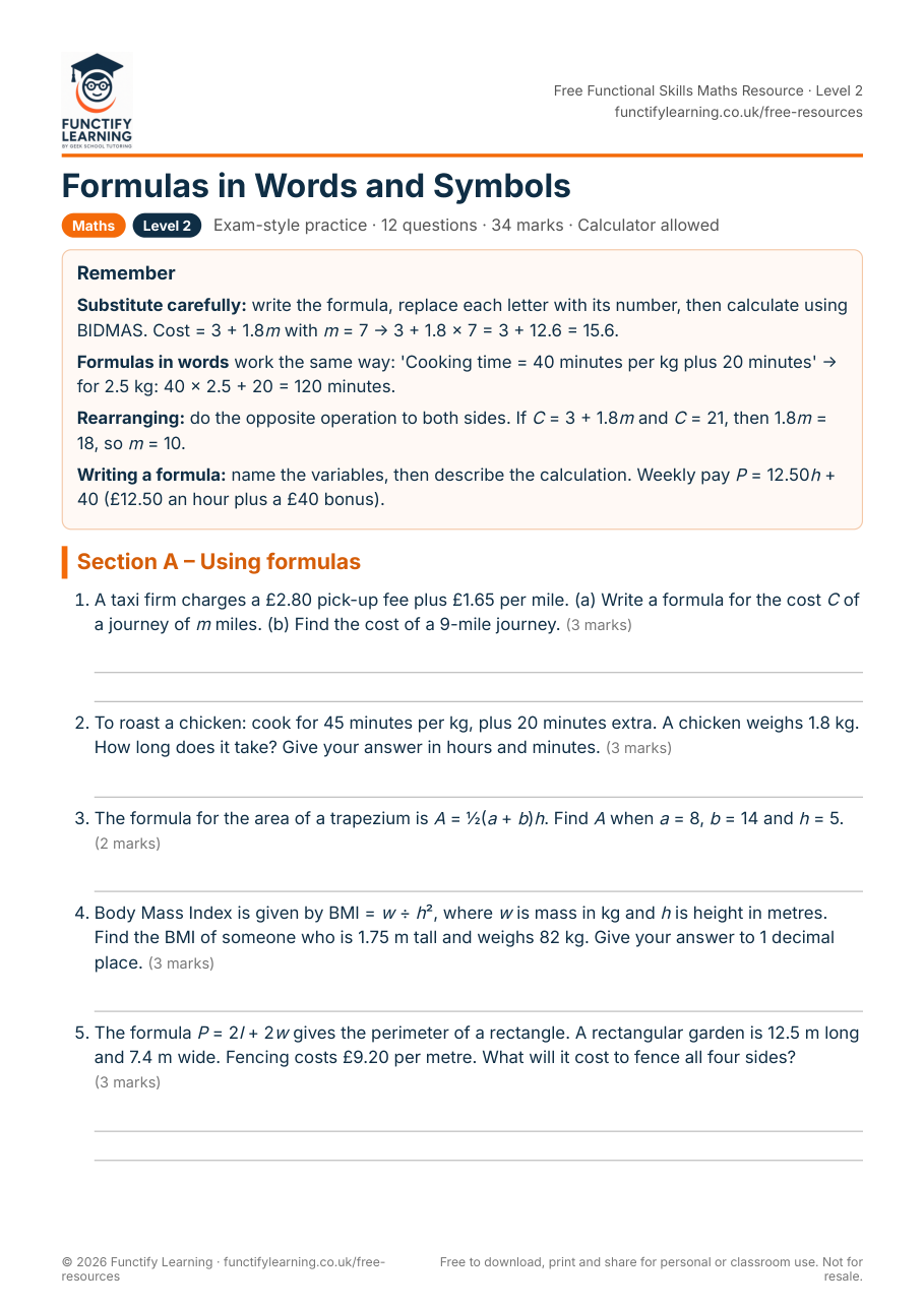 Formulas in Words and Symbols Worksheet – Functional Skills Maths Level 2 – free PDF worksheet preview