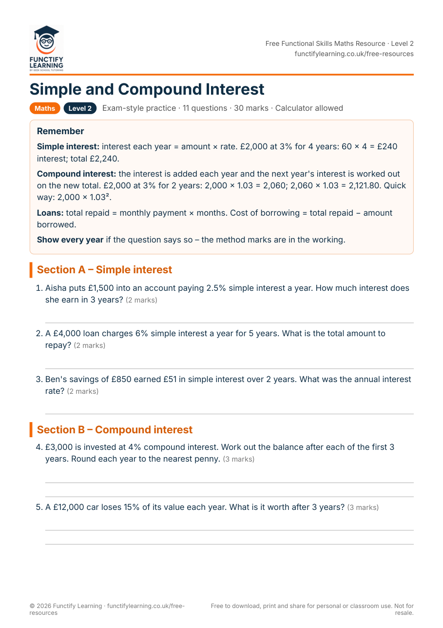 Simple and Compound Interest Worksheet – Functional Skills Maths Level 2 – free PDF worksheet preview