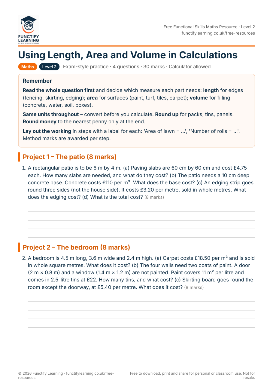 Using Length, Area and Volume in Calculations Worksheet – Functional Skills Maths Level 2 – free PDF worksheet preview