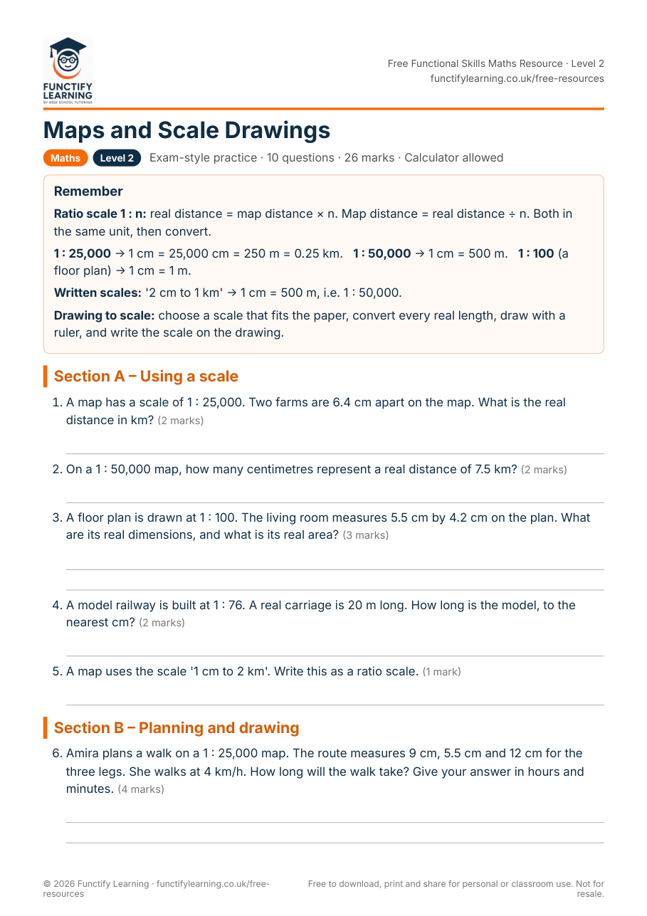 Maps and Scale Drawings Worksheet – Functional Skills Maths Level 2 – free PDF worksheet preview