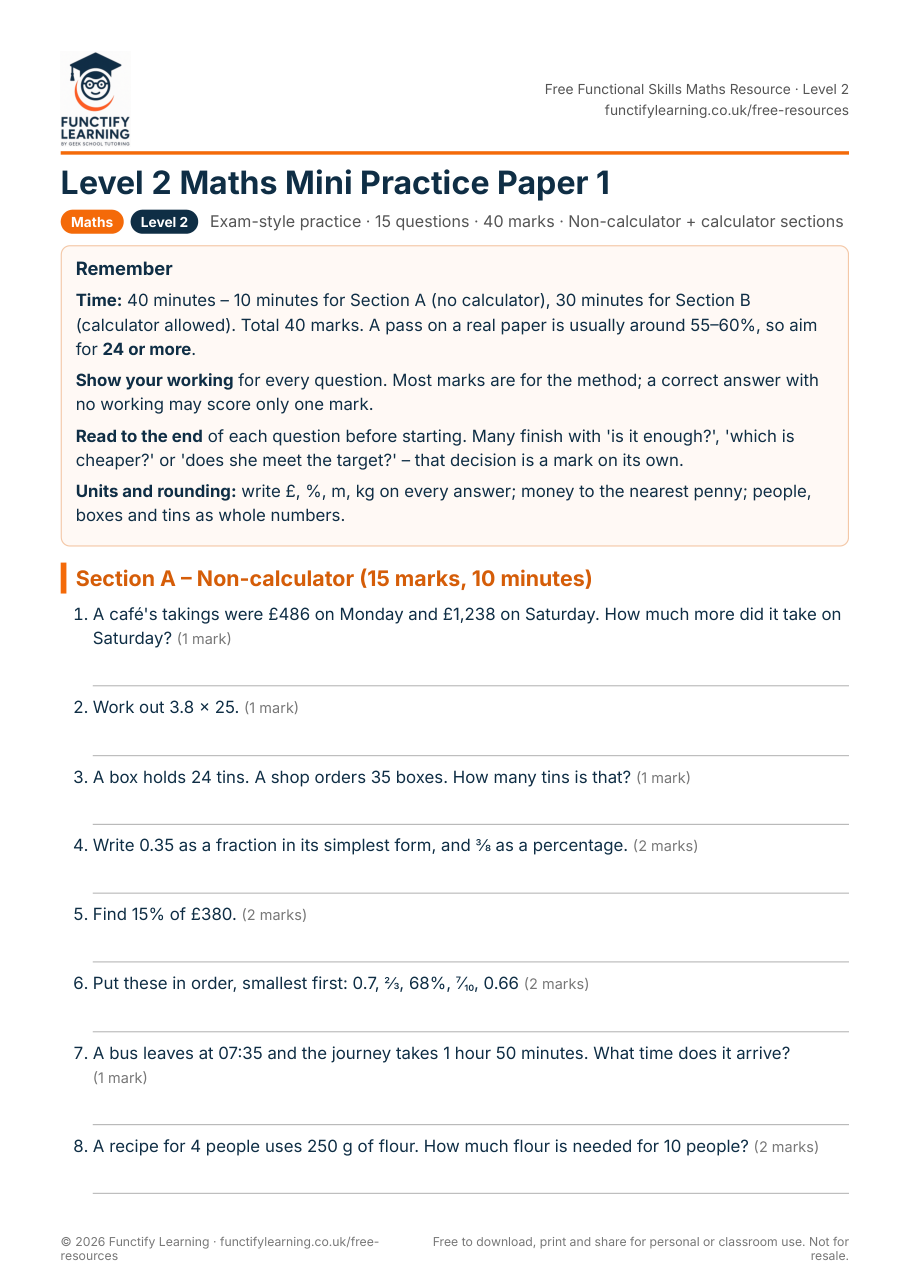 Level 2 Maths Mini Practice Paper 1 – Functional Skills Maths Level 2 – free PDF worksheet preview