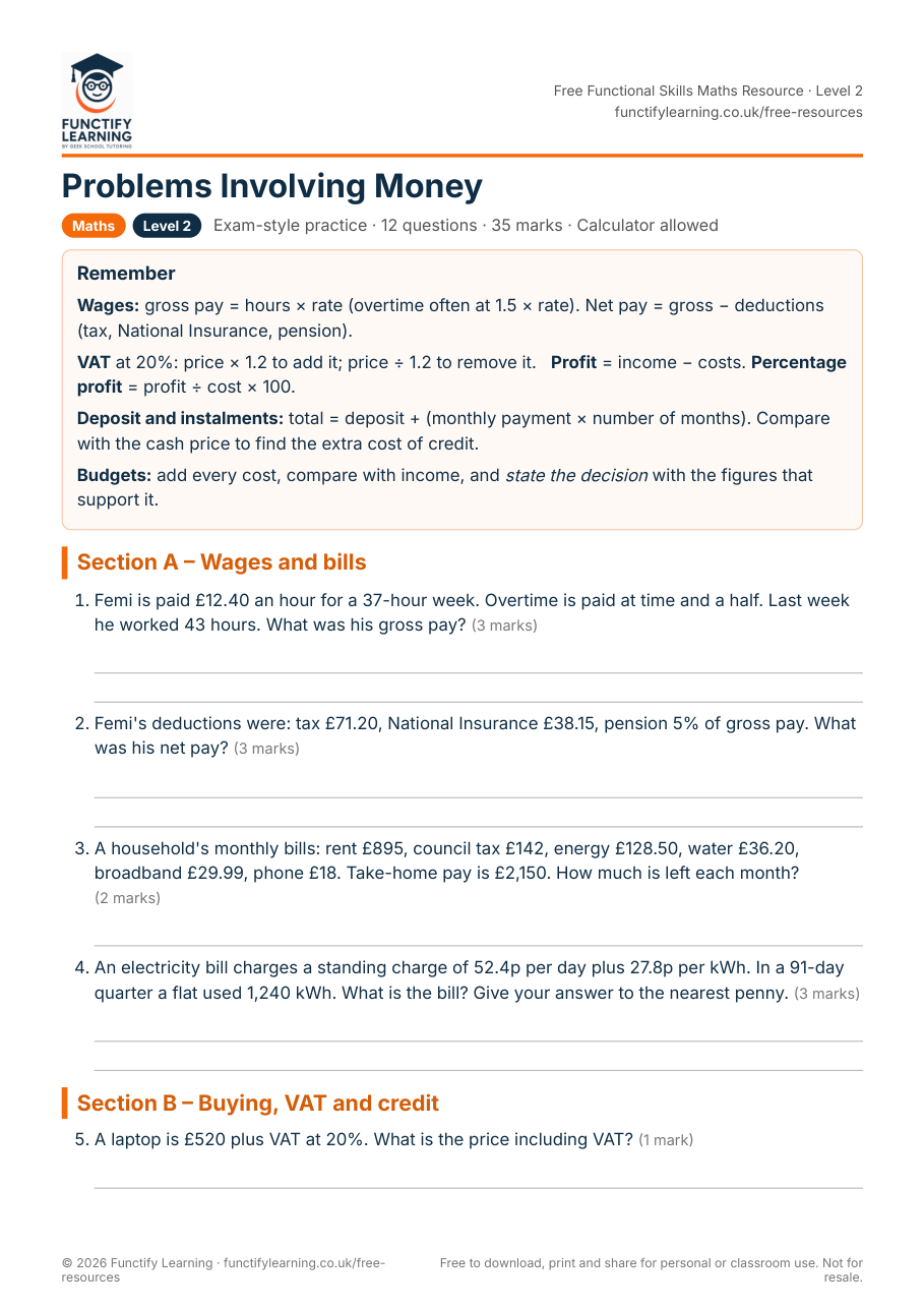 Problems Involving Money Worksheet – Functional Skills Maths Level 2 – free PDF worksheet preview