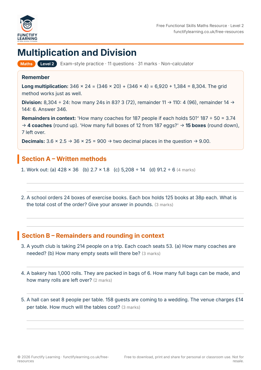 Multiplication and Division Worksheet – Functional Skills Maths Level 2 – free PDF worksheet preview