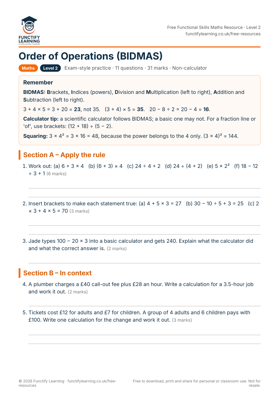 Order of Operations (BIDMAS) Worksheet – Functional Skills Maths Level 2 – free PDF worksheet preview
