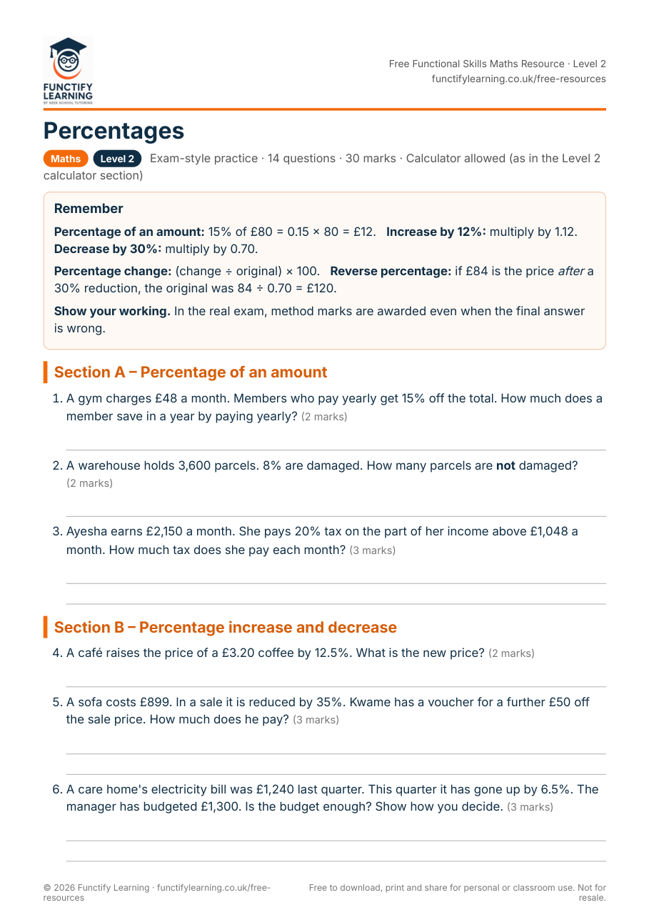 Functional Skills Maths Level 2 Percentages Worksheet – free PDF worksheet preview