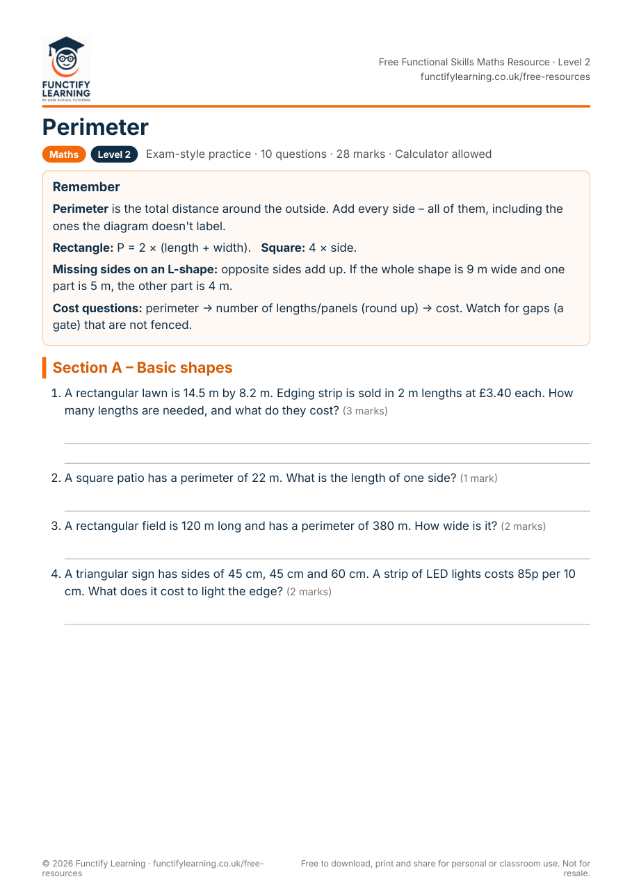 Perimeter Worksheet – Functional Skills Maths Level 2 – free PDF worksheet preview