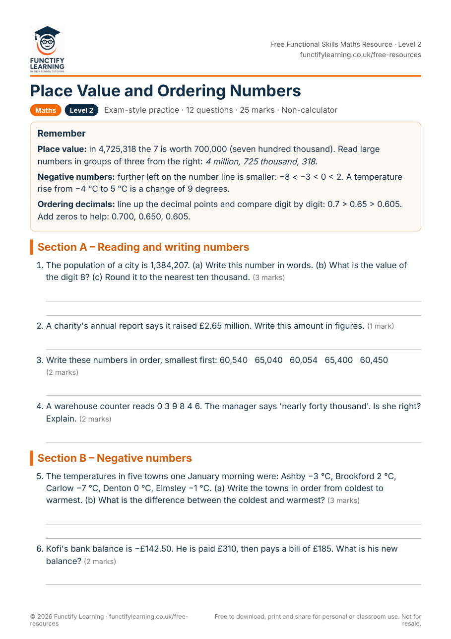Place Value and Ordering Numbers Worksheet – Functional Skills Maths Level 2 – free PDF worksheet preview