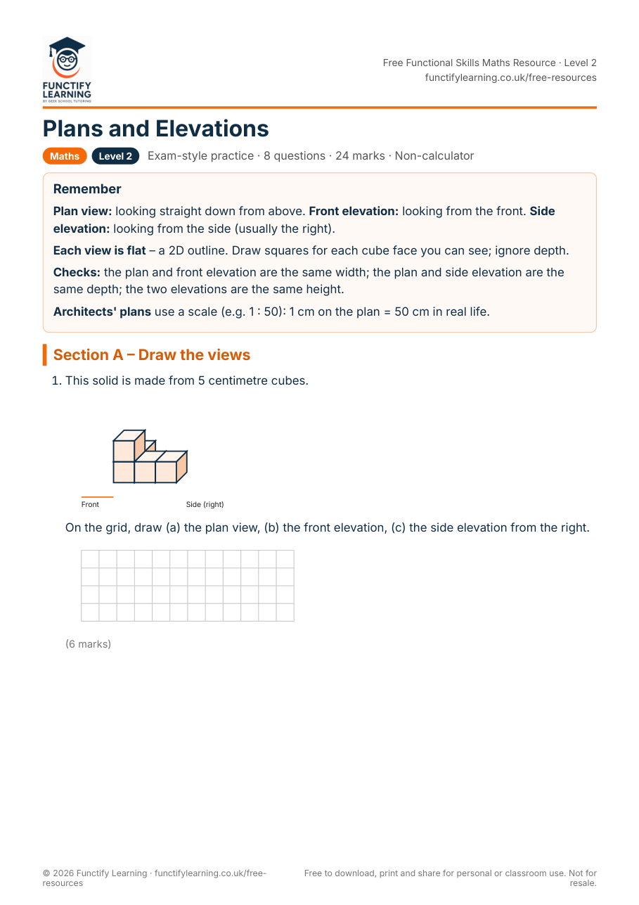 Plans and Elevations Worksheet – Functional Skills Maths Level 2 – free PDF worksheet preview