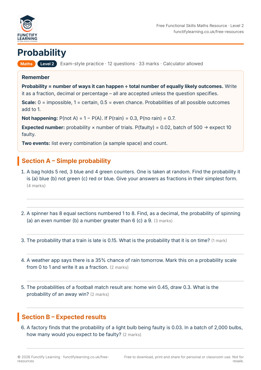 Probability Worksheet – Functional Skills Maths Level 2 – free PDF worksheet preview