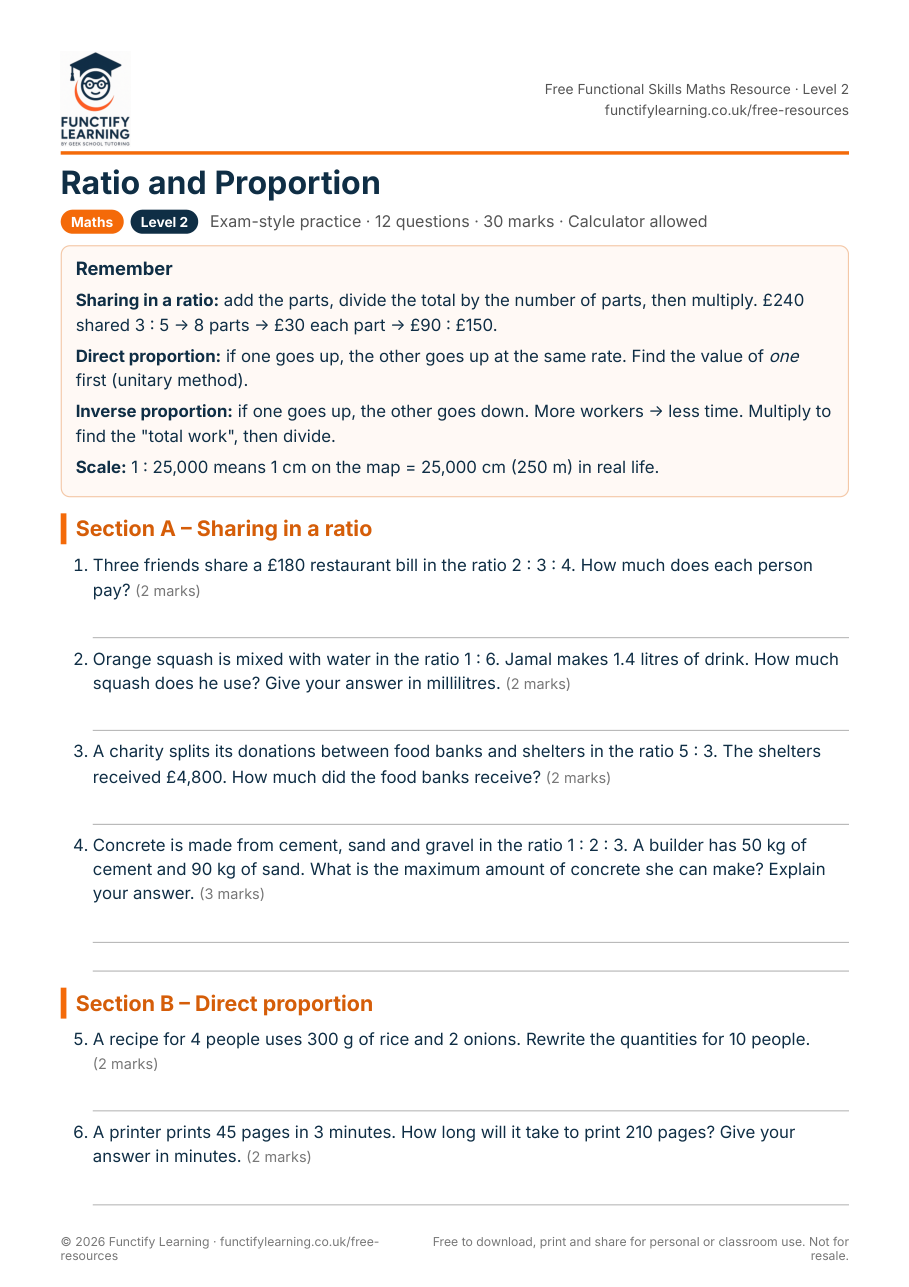 Functional Skills Maths Level 2 Ratio and Proportion Worksheet โ free PDF worksheet preview