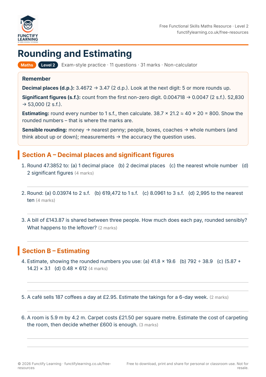 Rounding and Estimating Worksheet – Functional Skills Maths Level 2 – free PDF worksheet preview